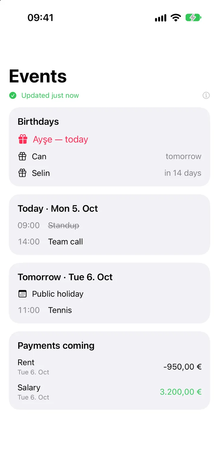 The Events screen: birthdays, today's and tomorrow's events, and the payments coming this week.