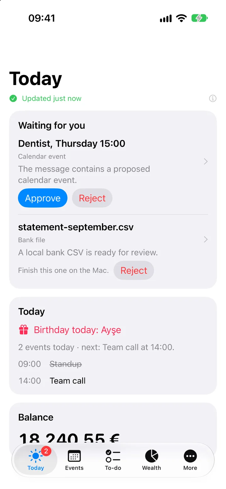 The Today screen: a calendar event waiting for approval with Approve and Reject buttons, today's events, a birthday and the balance.